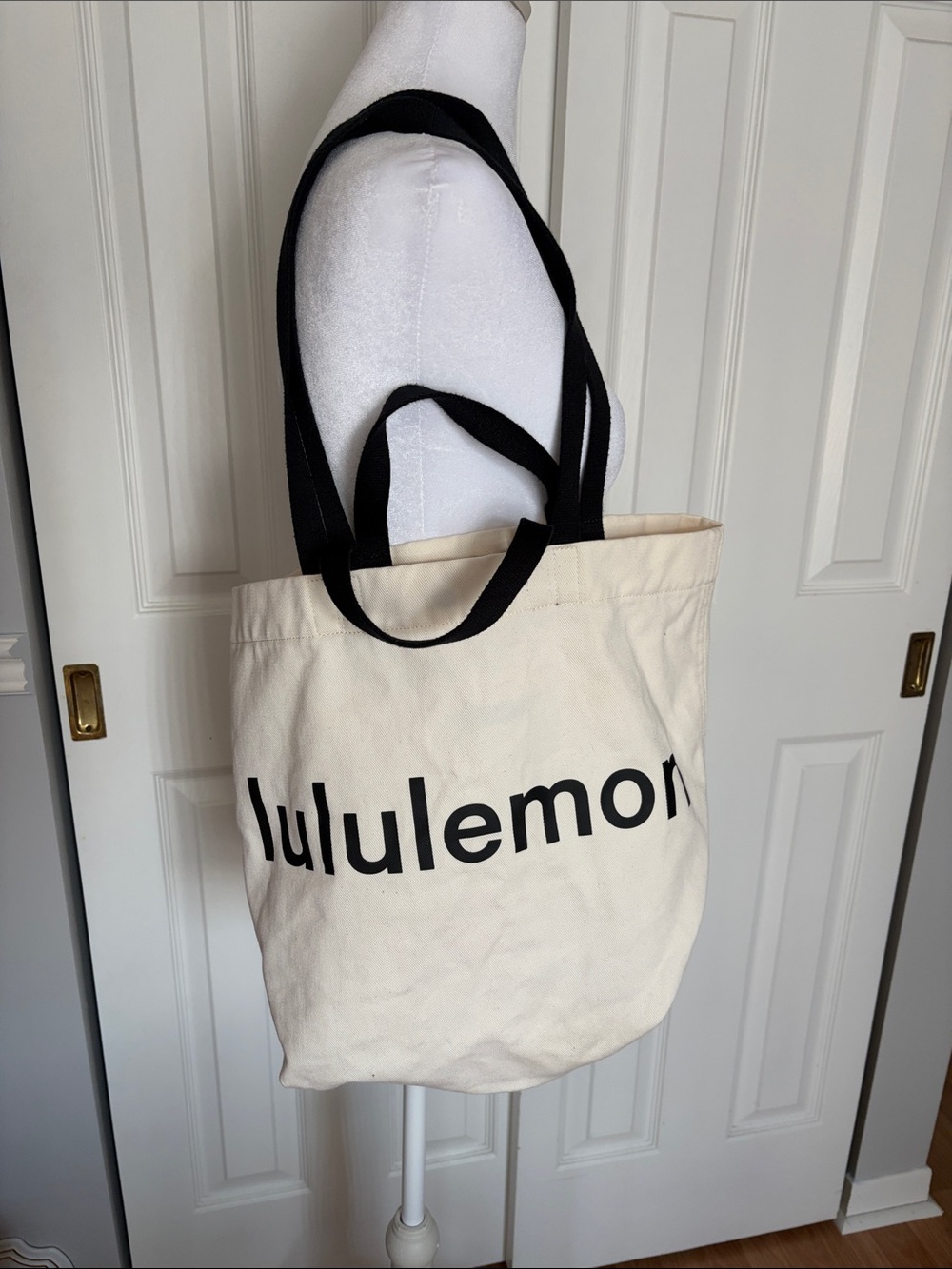 lululemon athletica Canvas Tote in Cream with Black Straps and Logo